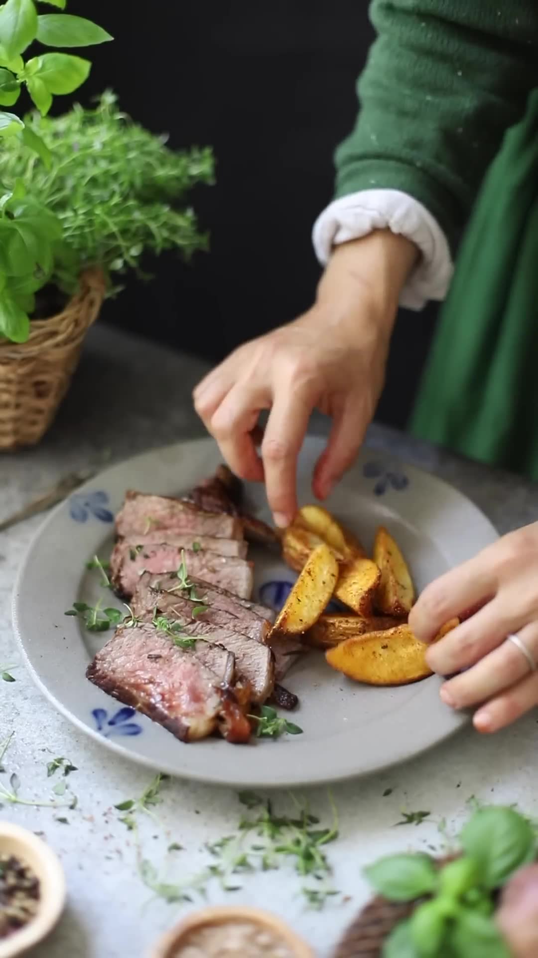 Lasagna pinwheels and seared steak with roasted potatoes