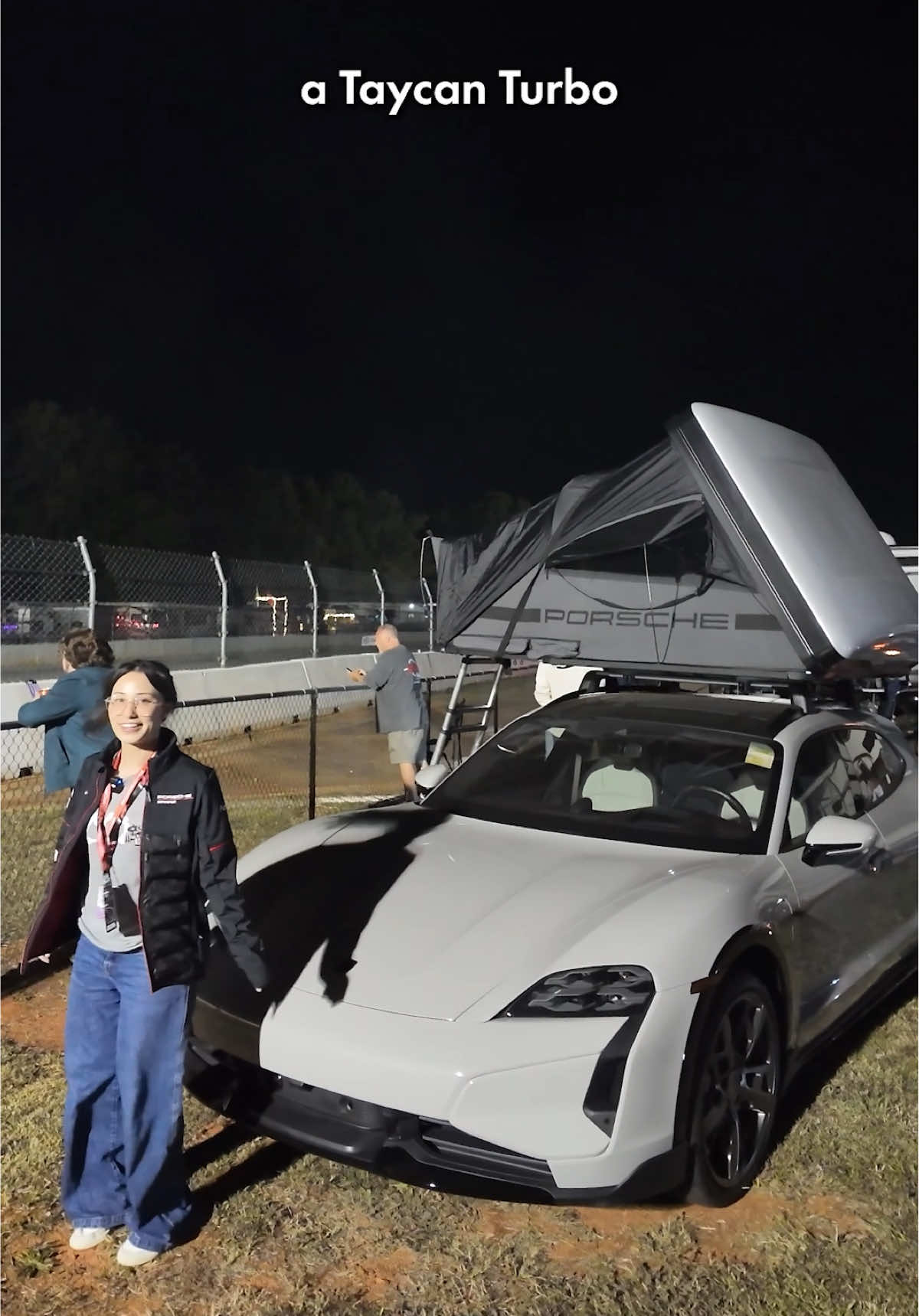 Camping in a Porsche Taycan with rooftop tent at IMSA championship race