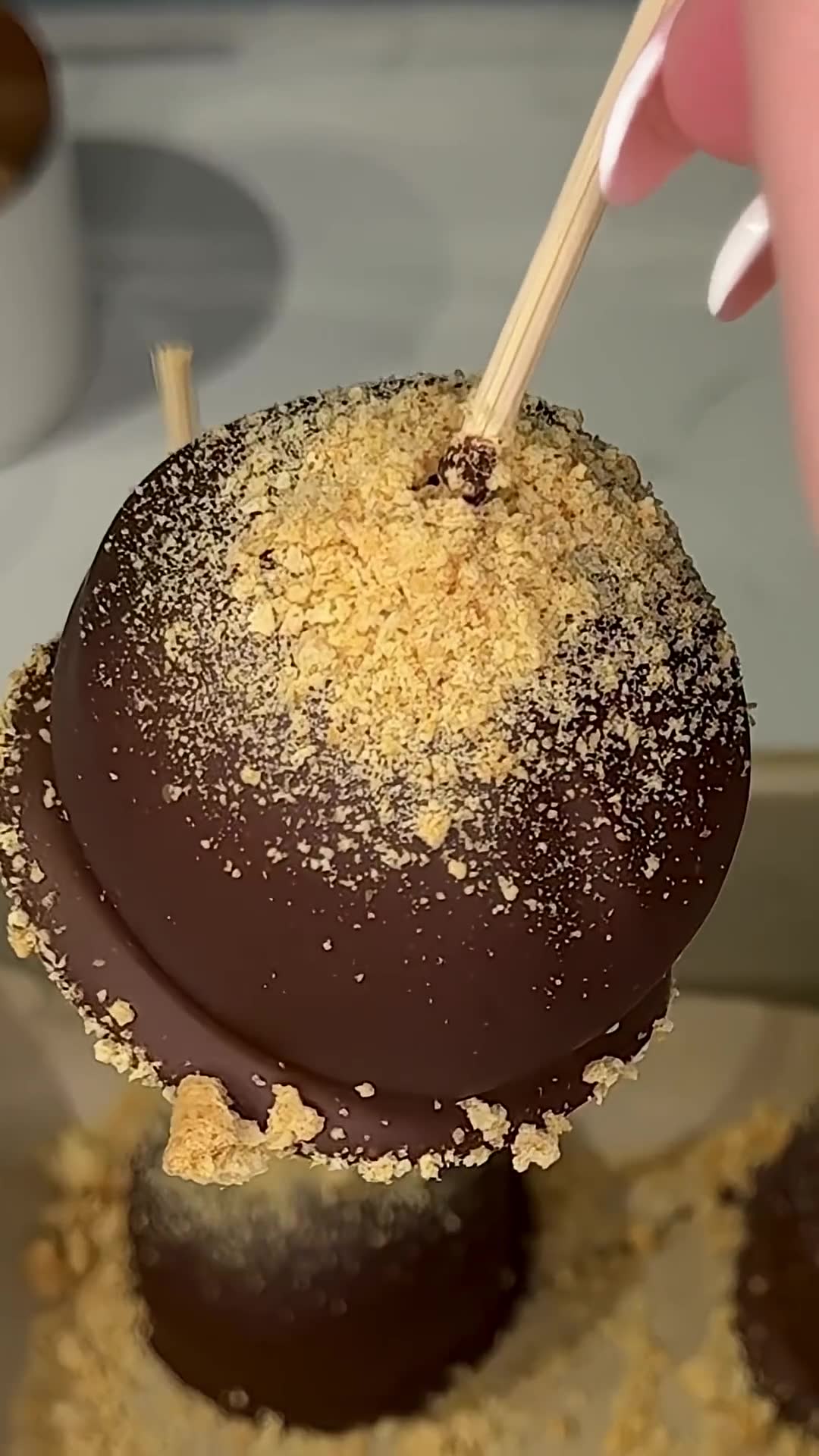 Sugar cookie cake pops incorporate s'mores flavors in sphere format